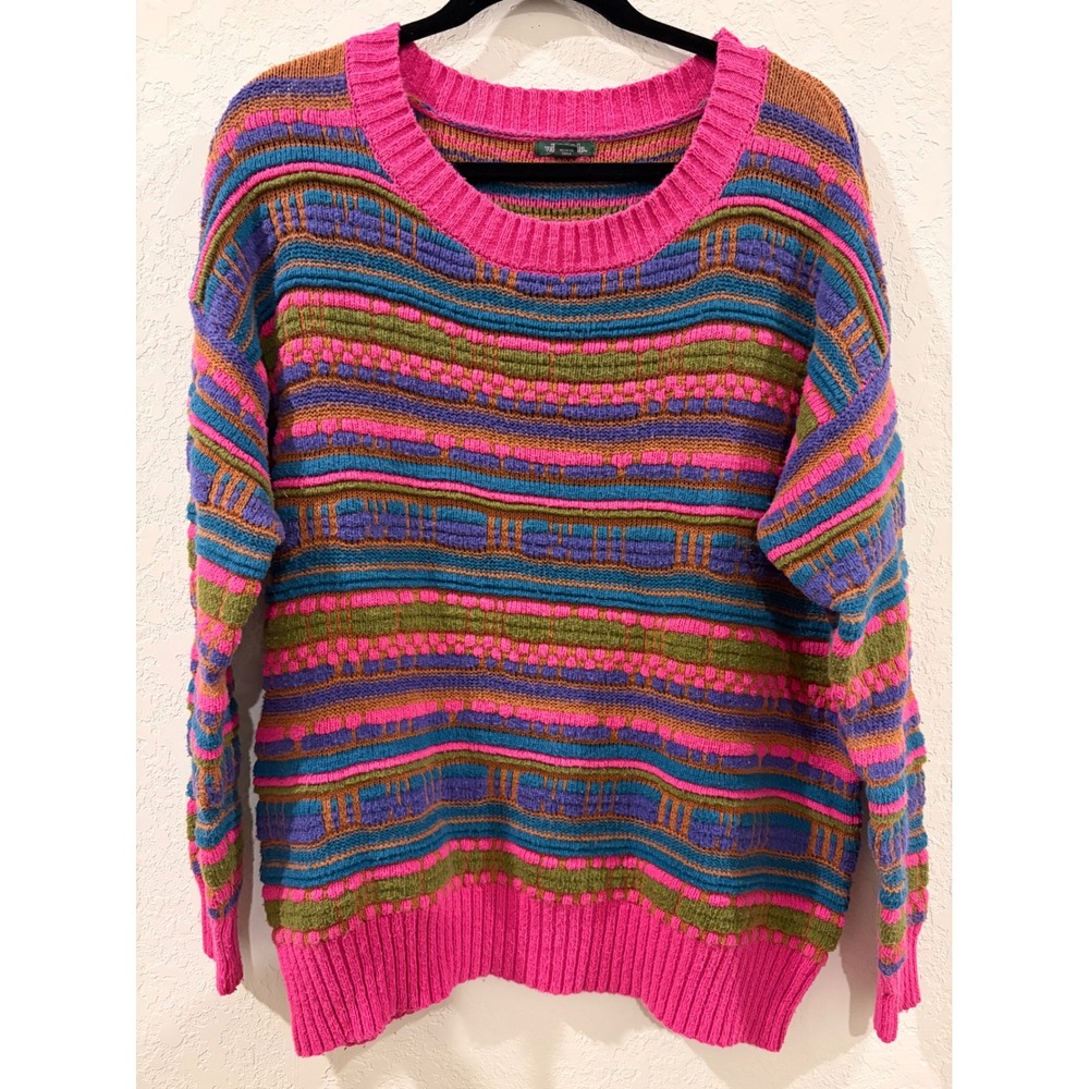 Wild Fable Multi Color Striped Textured Knit Crewneck Sweater Pink Blue Large